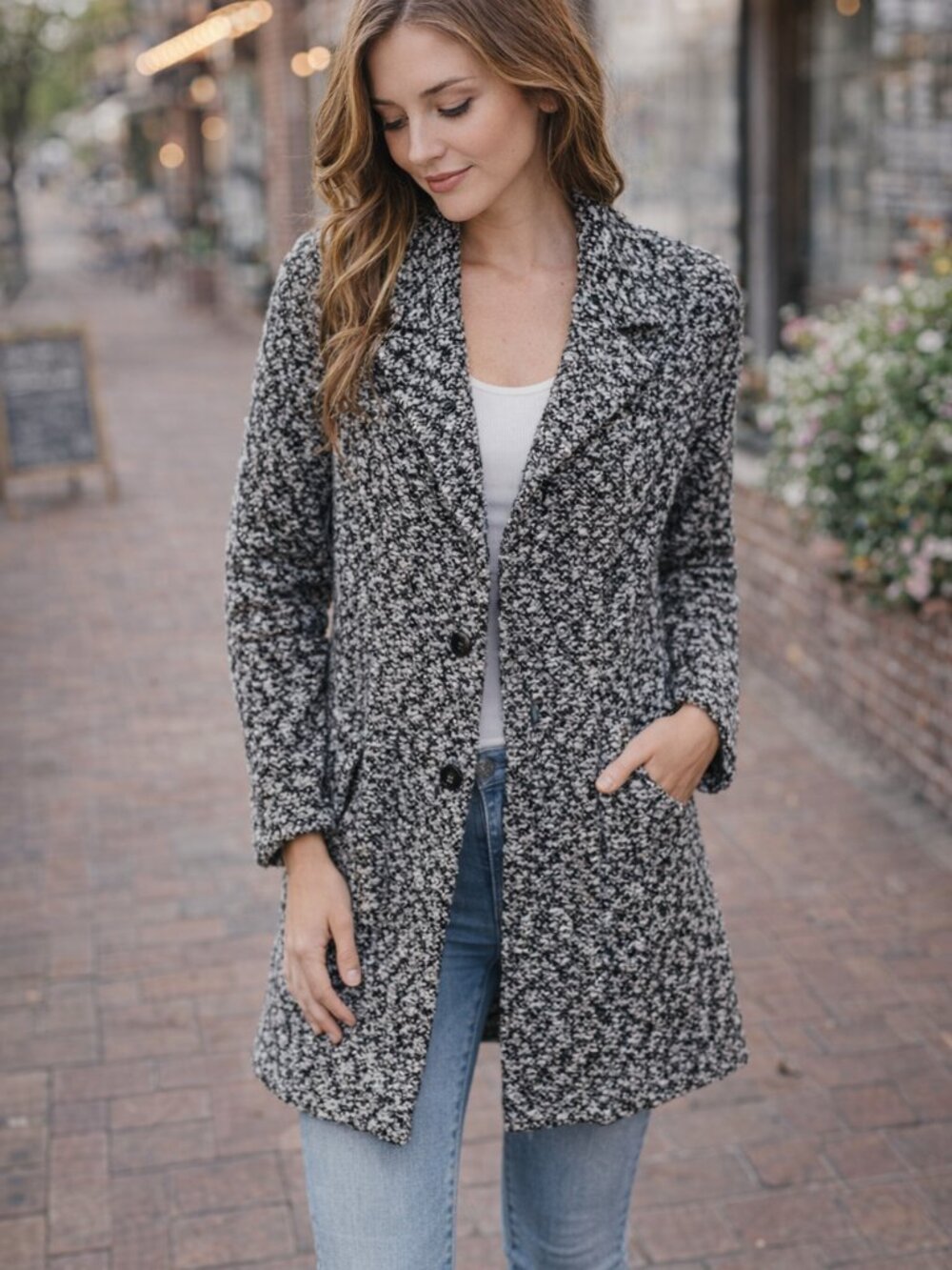 Lucky Brand Black & White Marled Knit Button-Up Cardigan Coat